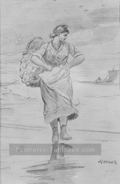  Plage Tableaux - Une fille de pêcheur Sur plage réalisme peintre Winslow Homer